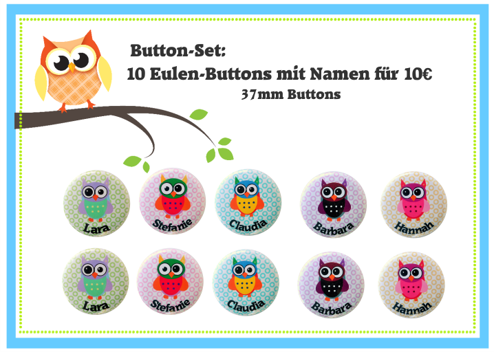 Button Set*** 10 Namensbuttons Eulen /Eule